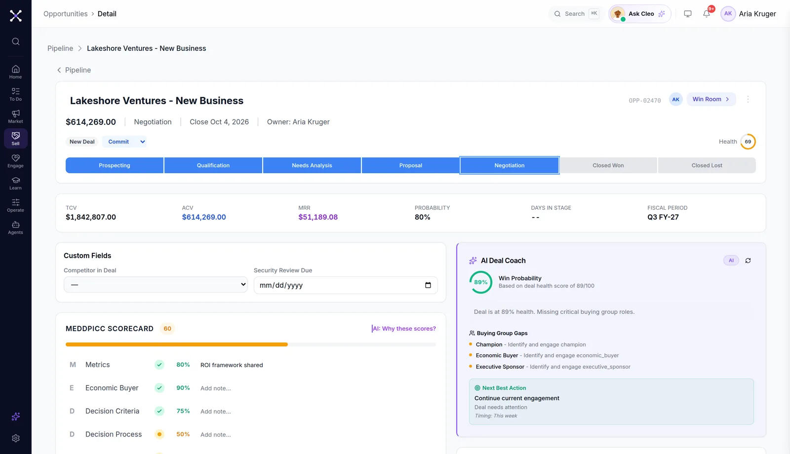 A $614K deal in Negotiation: AI Deal Coach with win probability and buying-group gaps, MEDDPICC scorecard, CPQ and documents