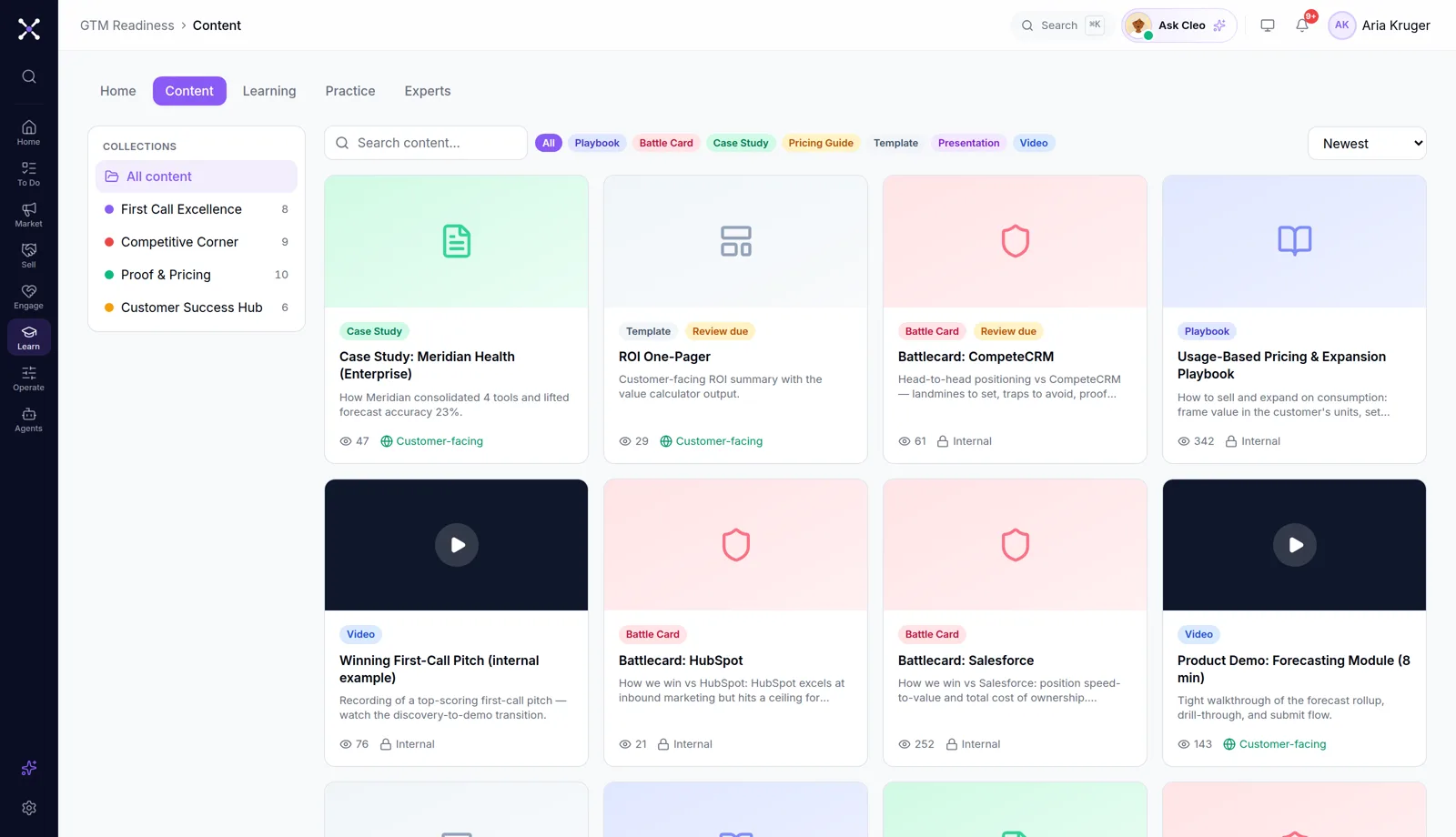Content library: battle cards, case studies, videos and pricing guides in collections, flagged when stale
