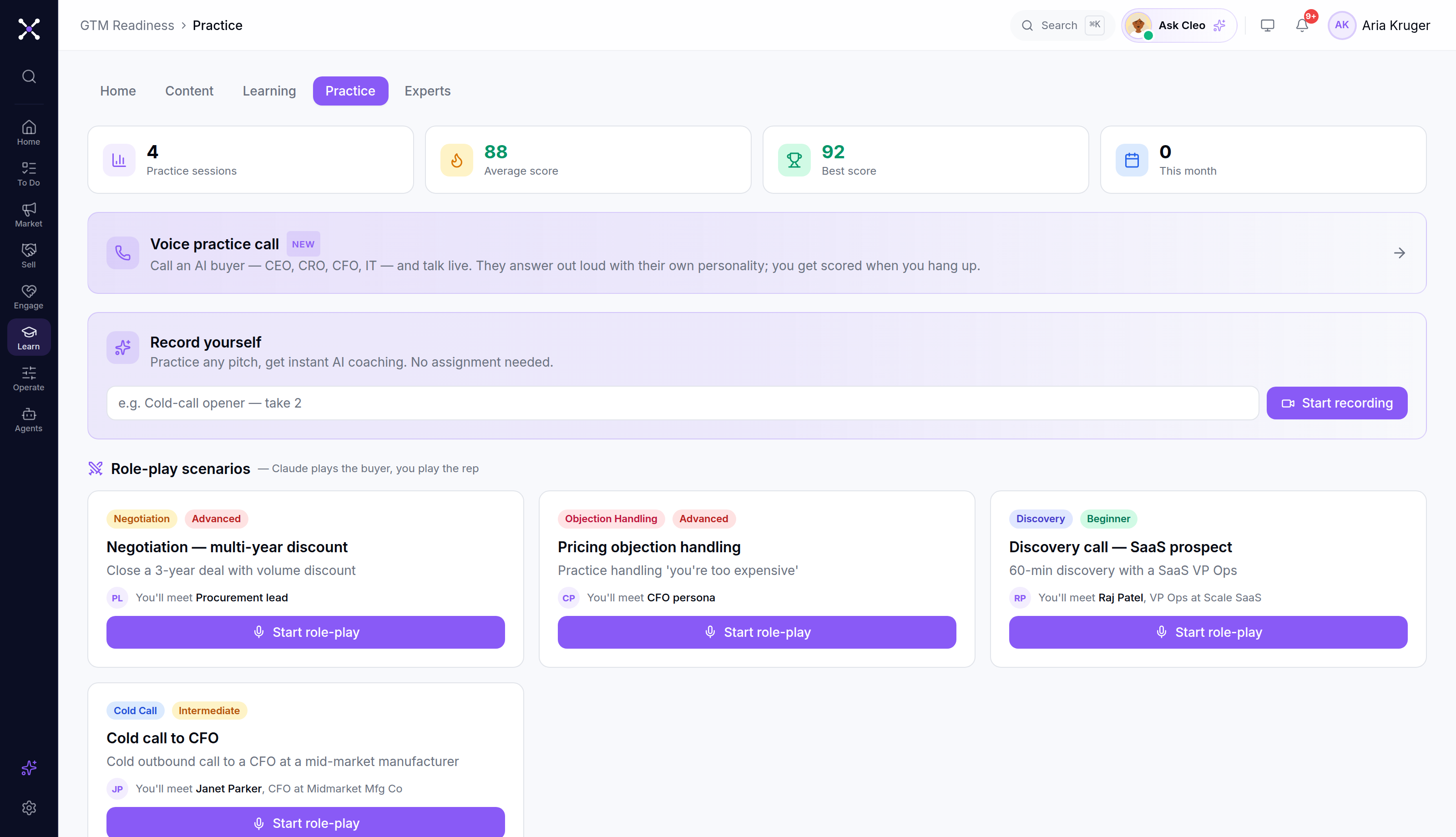 The Practice Arena: voice practice calls with AI buyers, record-yourself coaching, and scored role-play scenarios