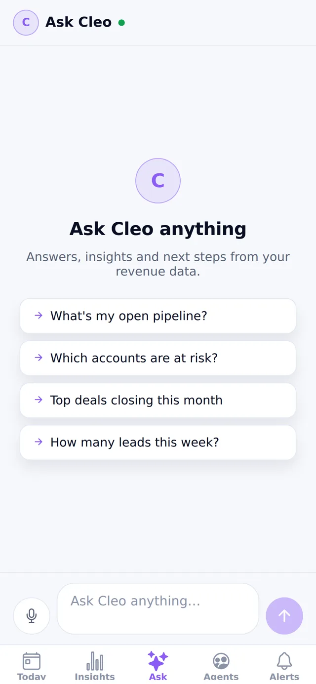 The Muntri iOS app Ask screen: ask the named agent anything by text or voice
