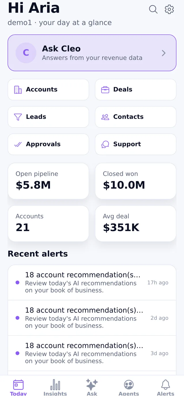 The Muntri iOS app Today screen: Ask entry, quick access to accounts, deals, leads and approvals, pipeline KPIs and alerts