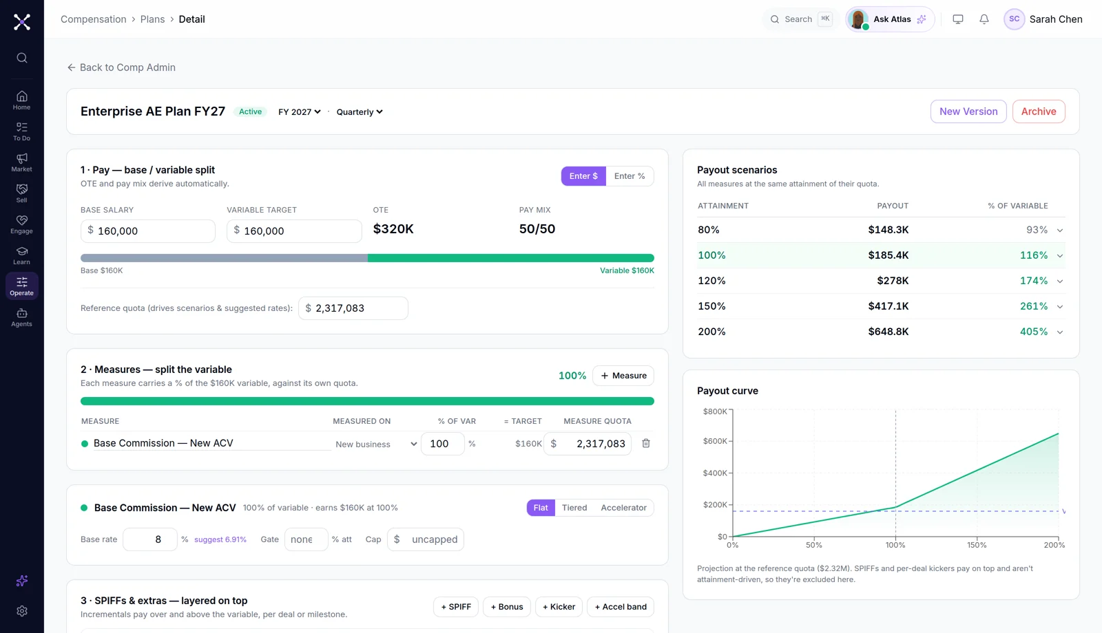 One-page compensation plan designer with payout scenarios at 80–200% attainment and a live payout curve