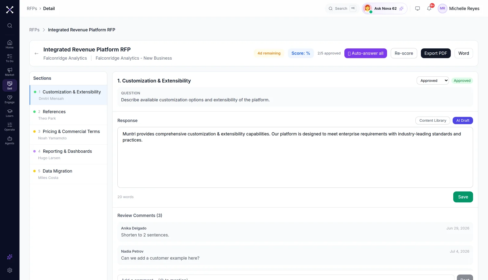 RFx workspace: sections with owners, AI-drafted cited answers, auto-answer, export to PDF/Word and the buyer's spreadsheet