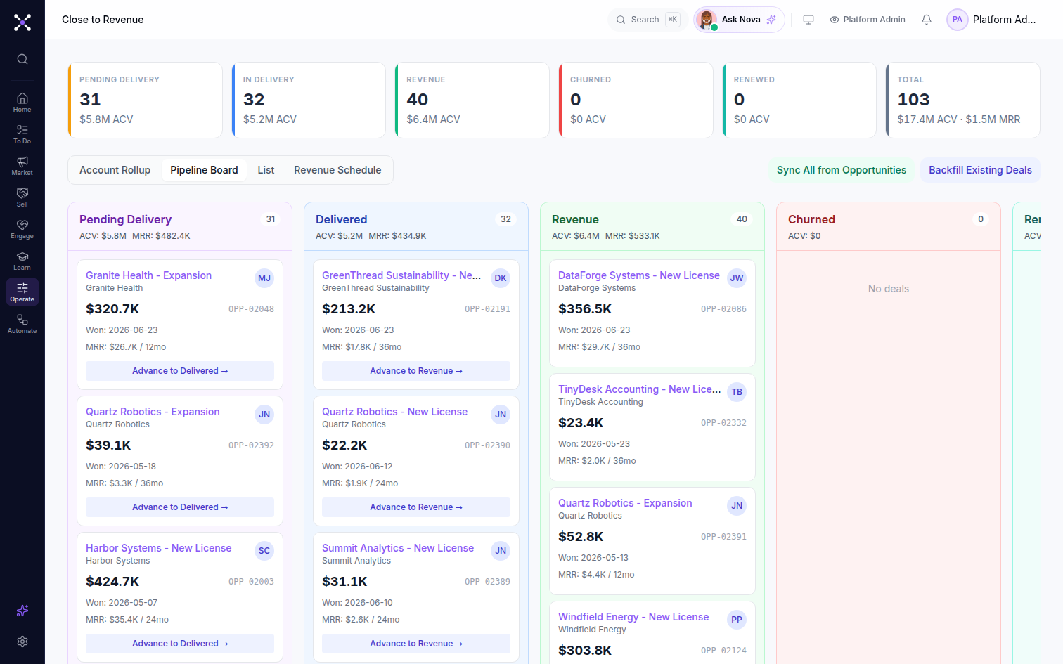 ARR management: revenue schedules moving through pending delivery, delivered and recognized revenue